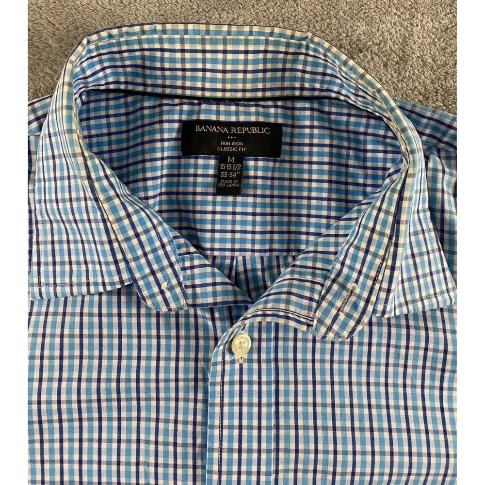Banana Republic Mens Blue Check Non Iron Classic Fit Button Down Shirt M 15-15.5